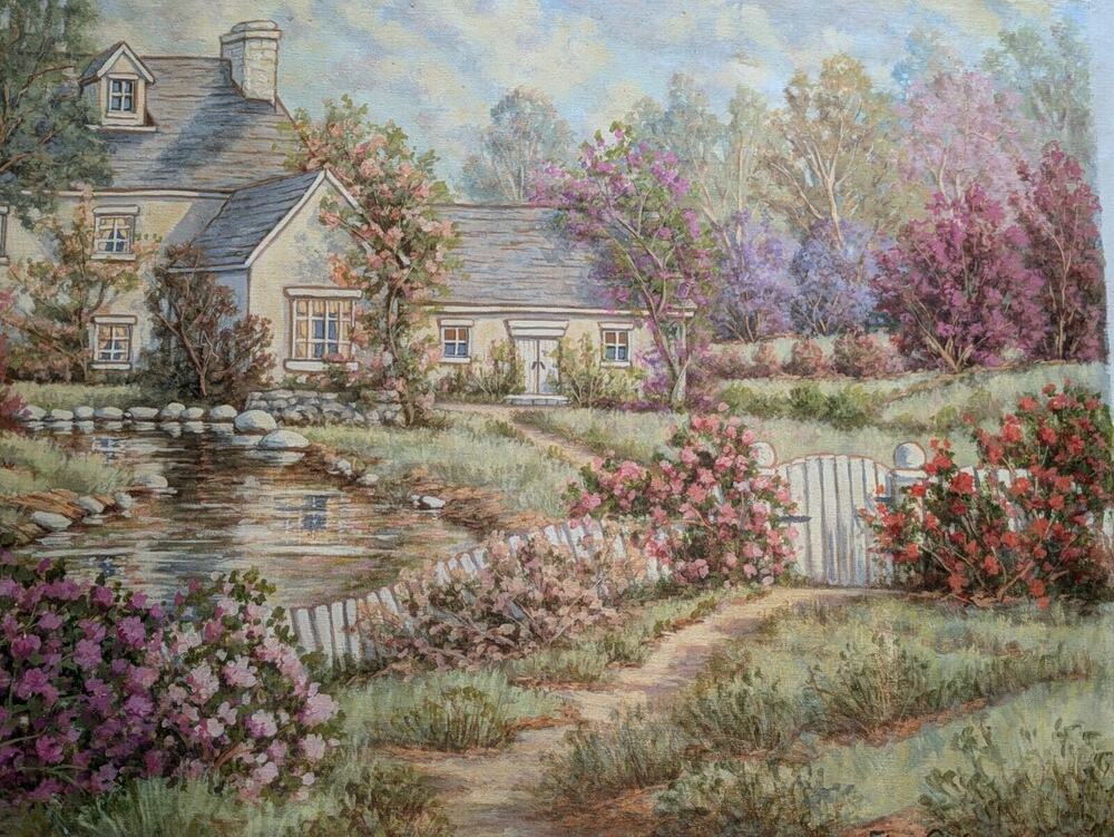 VTG Fiora Cozzi OG Oil Painting Country Cottage Garden Flowers 42x32 Unframed